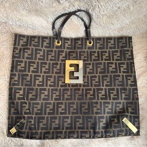 Fendi Zucca Open Document Canvas Tote Bag with signature two tone metal logo